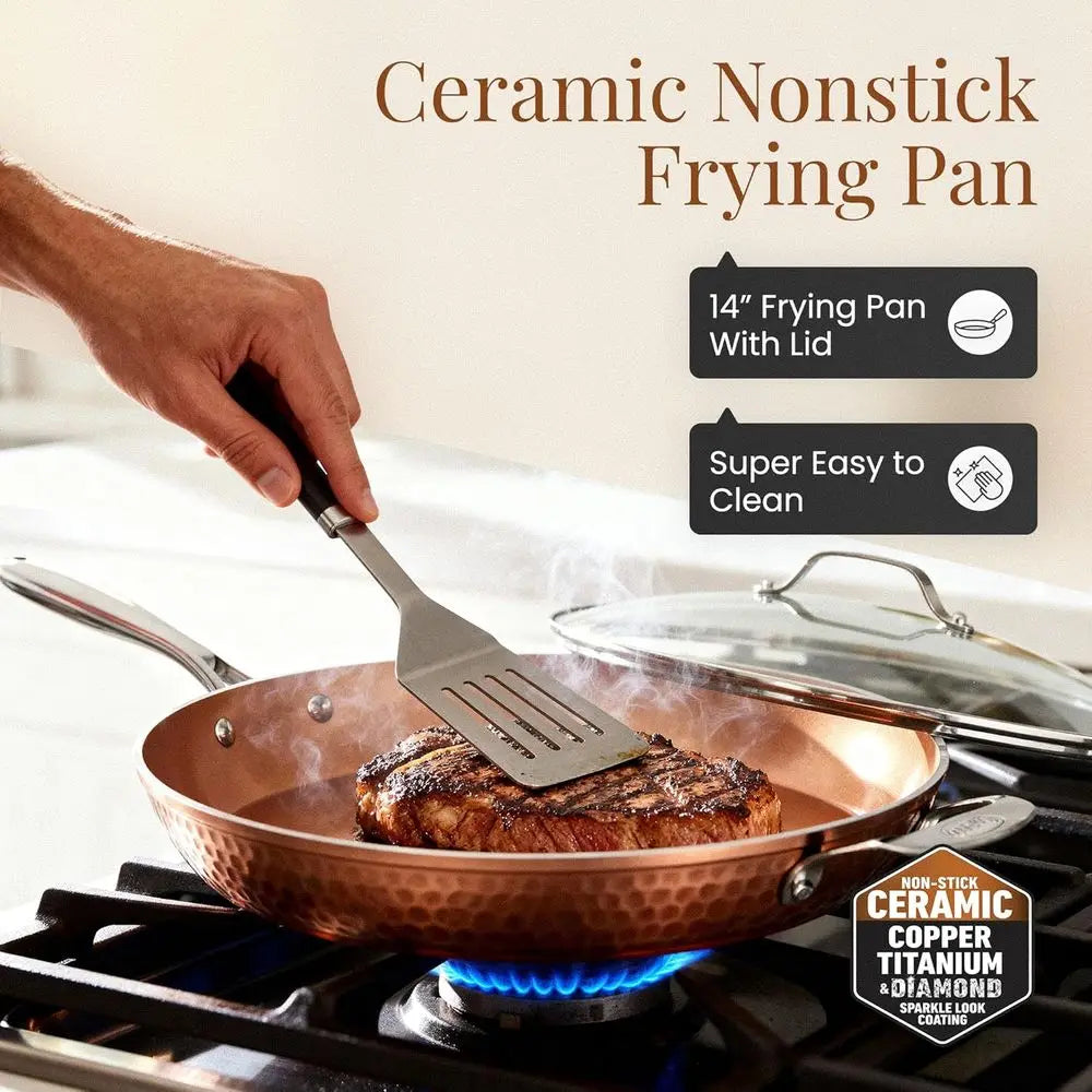 Hammered Copper 14 Inch Non Stick rying Pan with Lid, Nonstick rying Pan with Ceic Coating and Induction Plate or Even Heating,