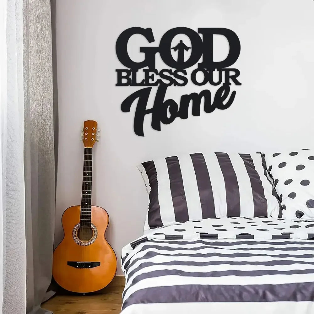 1Pc Metal God Bless Home Sign, Unique Wall Art, Home Decor, Metal Wall Hanger, Scene Decor, Theme Party Decor, Car Decor