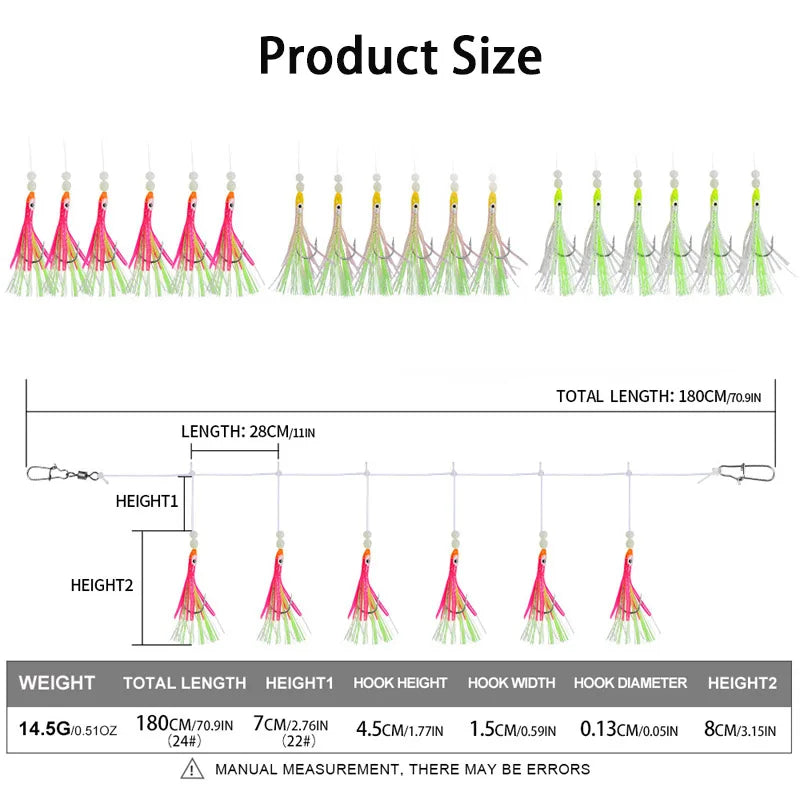 2 X 6Pcs/Set Luminous Squid Sabiki Rig Baits Soft Octopus Fishing Hook Bass Trout Salmon Lures