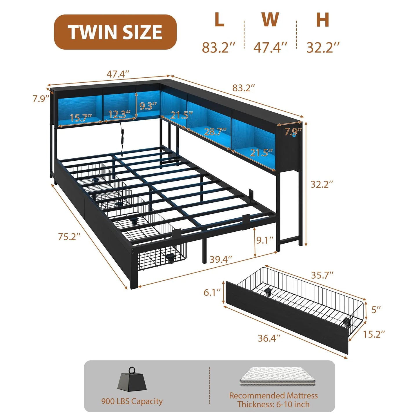Twin/Full Corner Bed Frame With Bookcase Headboard, RGB LED Lights, 2 Drawers, Charging Station, Reversible, 2 AC 2 USB Ports