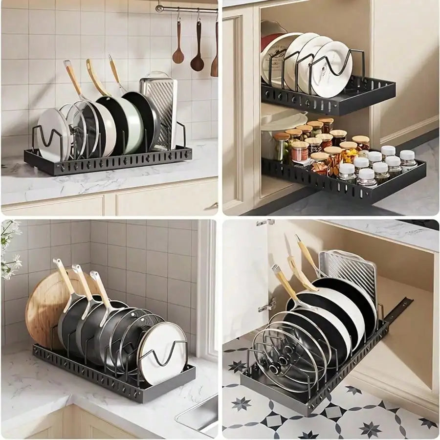 Pull-Out Pot And Pan Organizer, Kitchen Cabinet Drawer With 10 Adjustable Dividers, Easy Assembly, Pasting Fixed, No Drilling, Large Capacity, Heavy Duty, Expandable Length Between 16.93-23.23 Inches, Perfect Mother's Day Gif