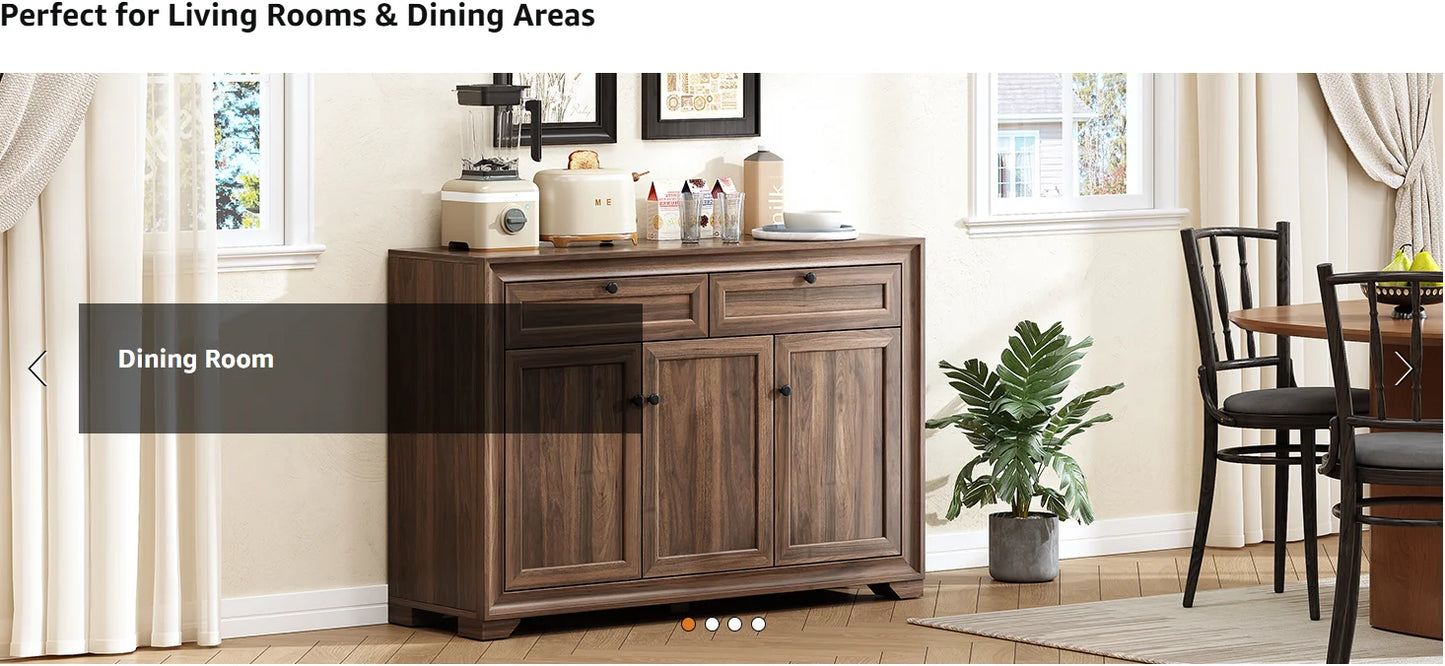 48" Sideboard Storage Cabinet with 2 Drawers + 3 Doors | Wood Coffee Bar Cabinet, Buffet Table Adjustable Shelves Farmhouse Style for Home Kitchen Living Room