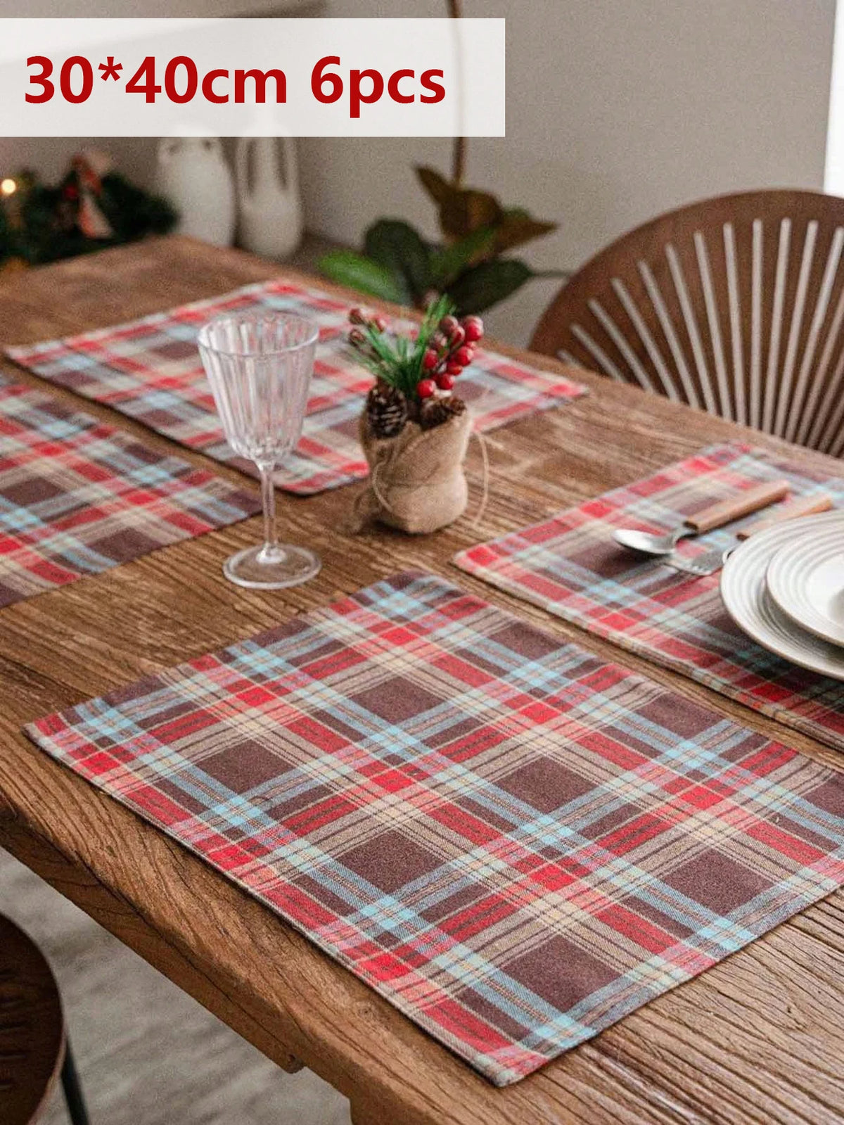 2/4/6Pcs Christmas Tartan Plaid Placemats Washable Table Mats for Holiday Dining Table Decor