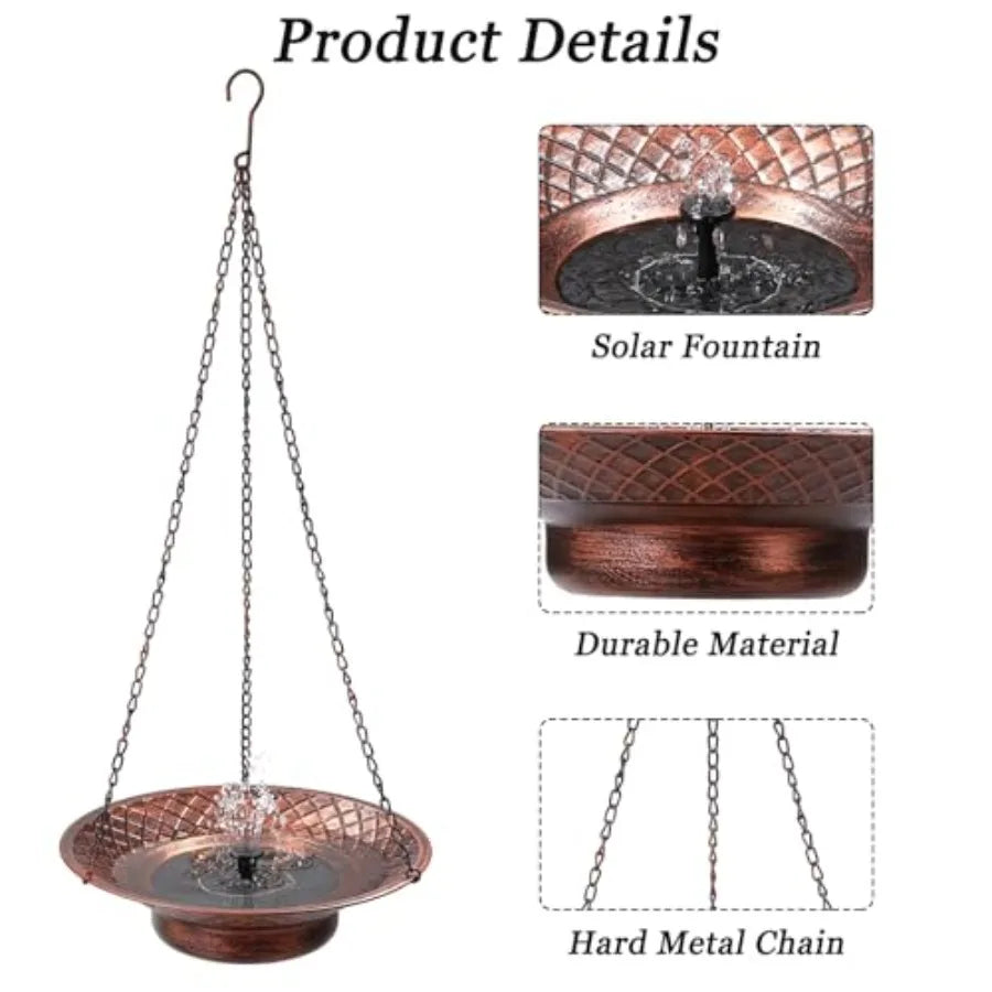 12.6" Hanging Solar Bird Bath Birdbath Fountain Solar Power Metal Bird Bath for Outside Hanging Hanging Bird Fountain for Garde