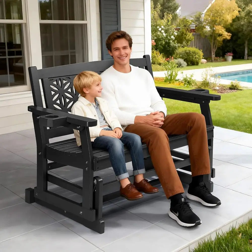 Wooden Outdoor Glider Bench with Floral Backrest, Patio Rocking Chair with Cup Holders, Ideal for Garden, Yard, and Porch (Black