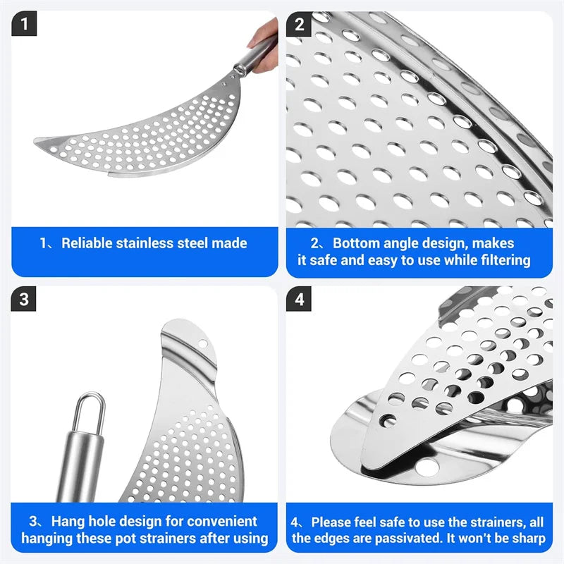 Stainless Steel Pot Strainer Kitchen Colander with Handle Held Crescent Drainer Pan Crescent Pot Strainer Pasta Noodles Strainer