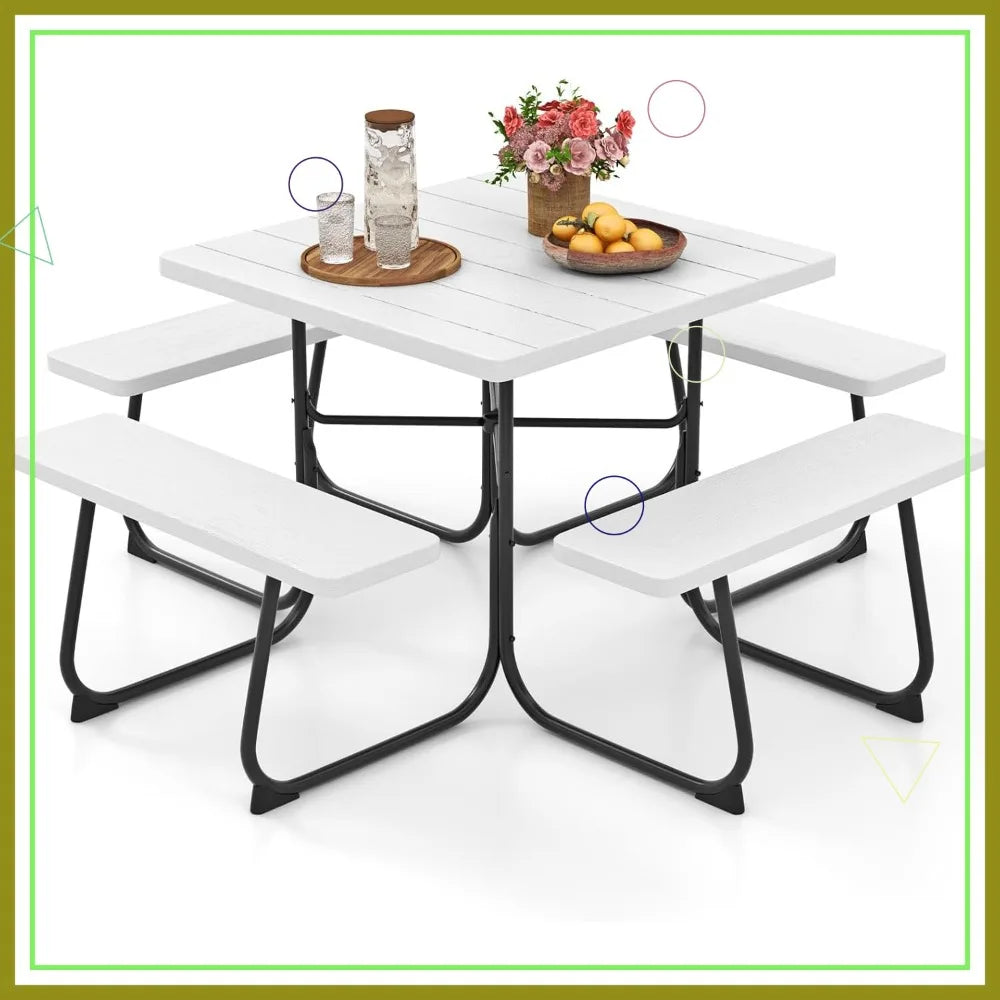 4-8 Person Square Picnic Table Bench Set with Umbrella Hole, Outdoor Camping Table HDPE Material Metal Frame for Patio Garden