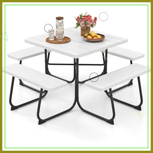 4-8 Person Square Picnic Table Bench Set with Umbrella Hole, Outdoor Camping Table HDPE Material Metal Frame for Patio Garden