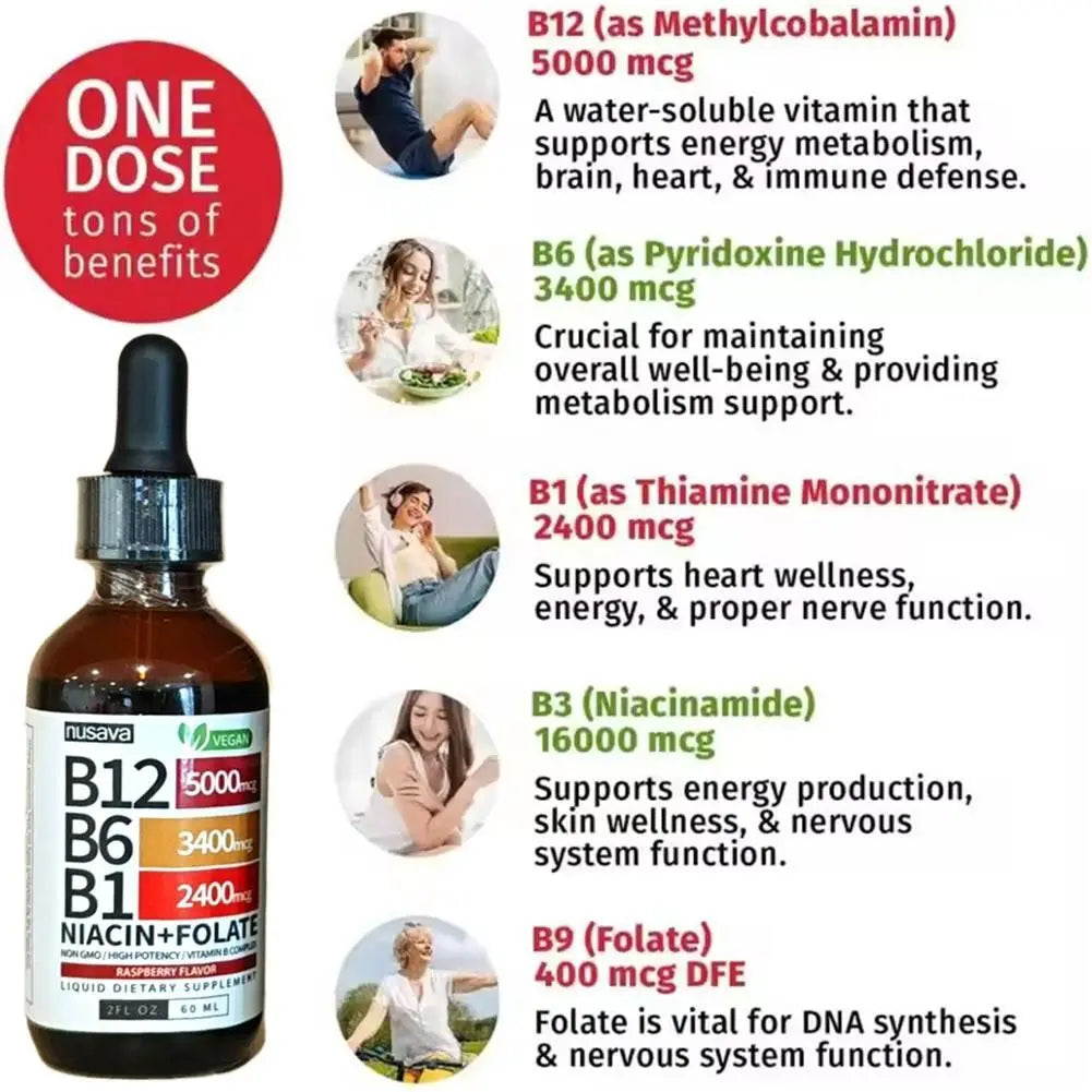 Vitamin B1 B6 B12 Multiple Vitamin B Complex Liquid Drops Raspberry Flavor Vegan Non-GMO Supplement 60ml Per Bottle Daily Supply