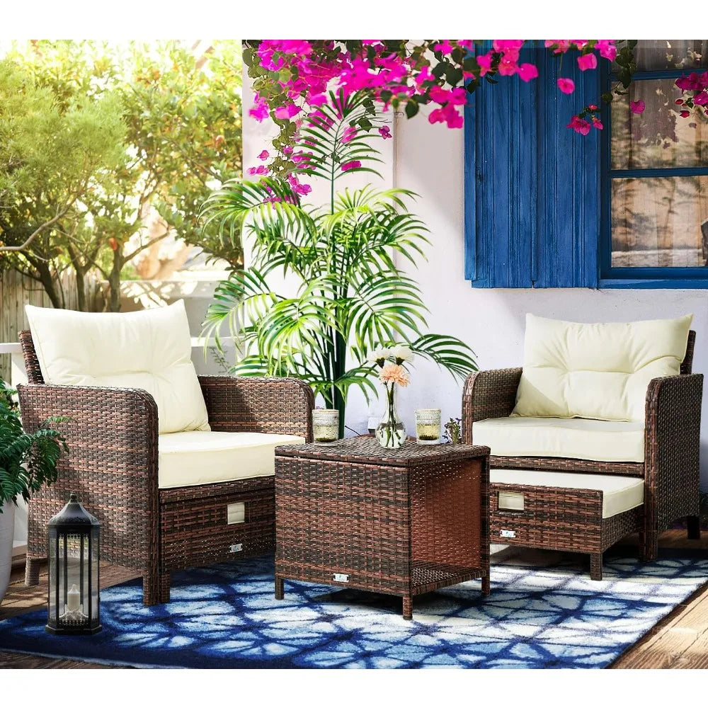 5 Pieces Patio Furniture Set, Rattan Balcony Furniture with Ottomans, PE Wicker Outdoor Patio Chairs Set with Coffee Table for