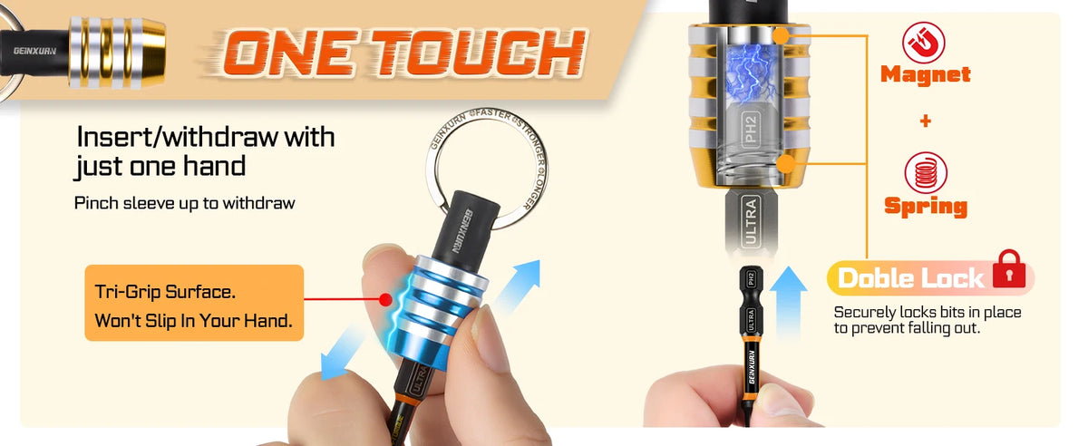 Geinxurn Keychain Bit Holder Set, 1/4 Inch Hex Shank One Touch Double Lock Magnetic Aluminum Quick Change Mini Bit Extension Rod