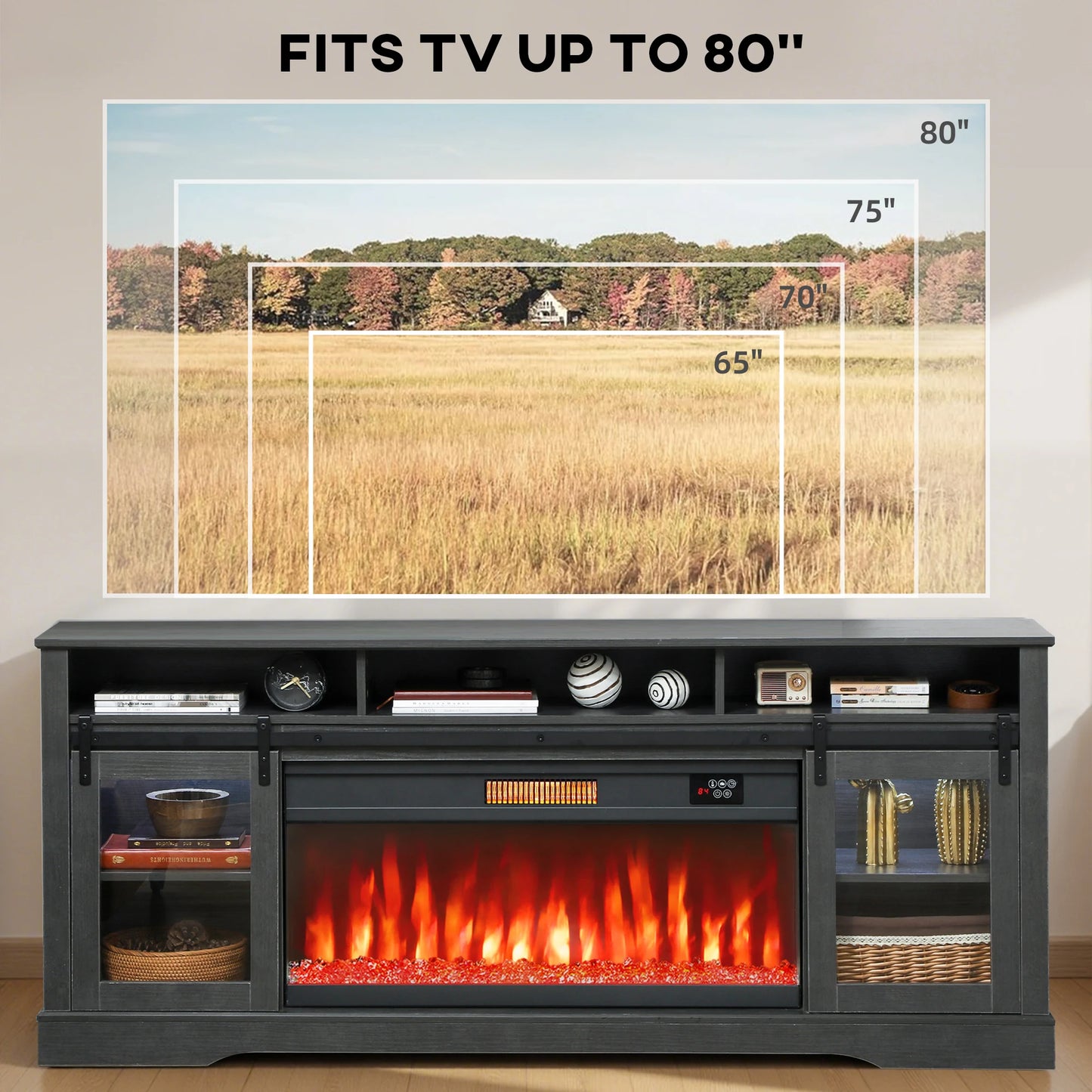 Fireplace TV Stand for TVs Up to 80 Inches, Modern Entertainment Center with 36" Glass Electric Fireplace & LED Lights, TV Console with Open Storage and Side Cabinets for Living Room, Black