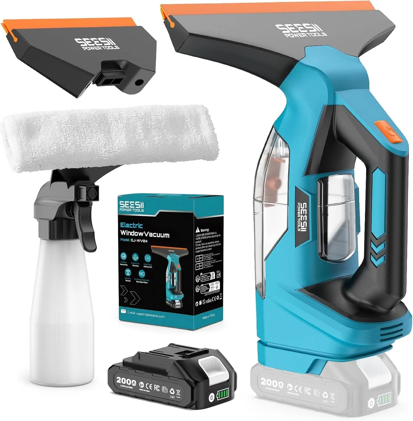 SEESII Cordless Window Vacuum Cleaner 2000PA Suction Power 4.0mAh Battery Windown Spray Cleaning Tool Set with Squeegee Blade for Mirror Glass Countertop Tile