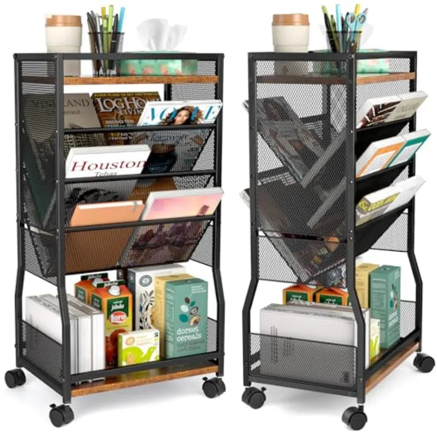 8 Tier Rolling Book Cart with Wheels, Mobile Book Storage Cart with 2 Sides Access Bookcase for Narrow Space, Rolling File Orga