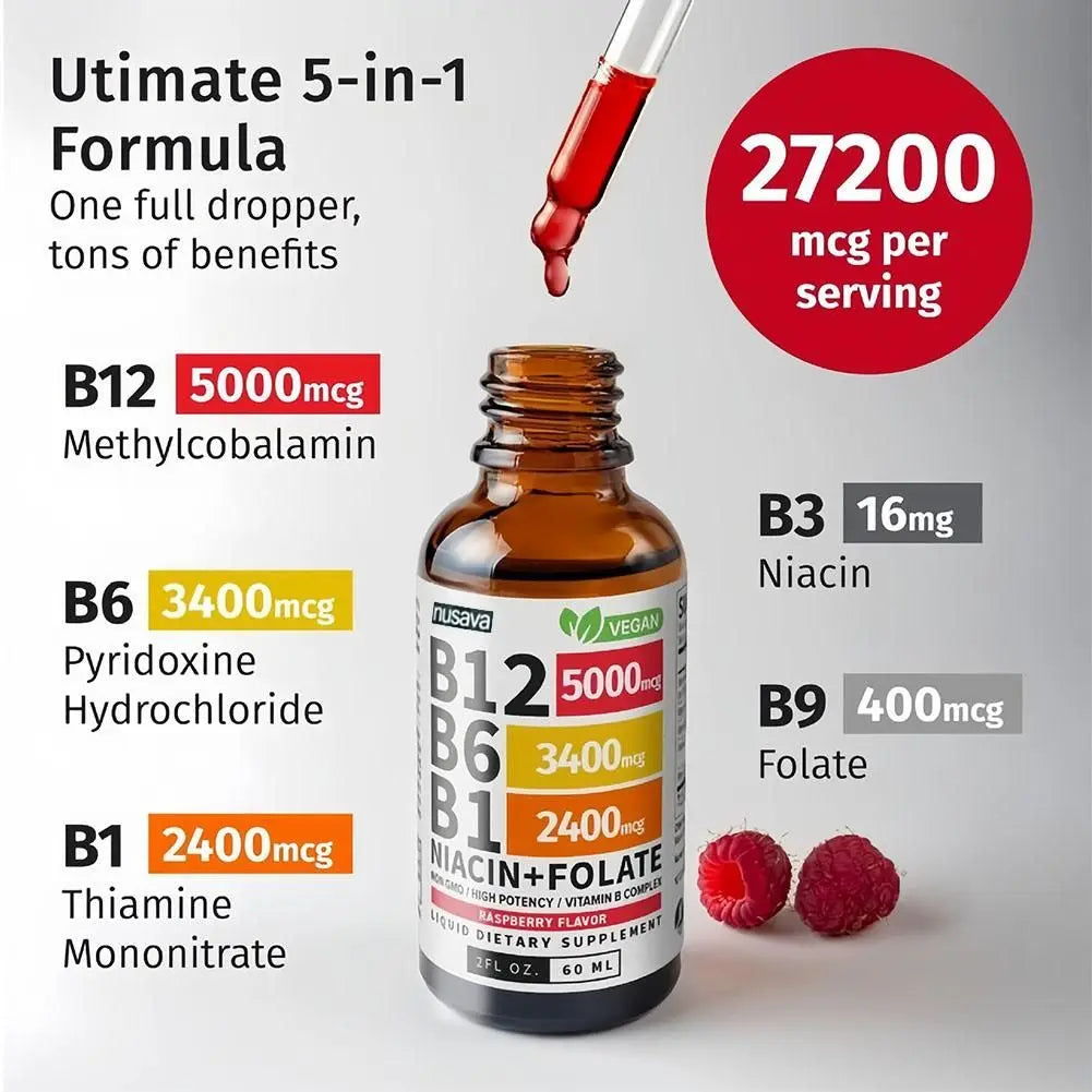 Vitamin B1 B6 B12 Multiple Vitamin B Complex Liquid Drops Raspberry Flavor Vegan Non-GMO Supplement 60ml Per Bottle Daily Supply