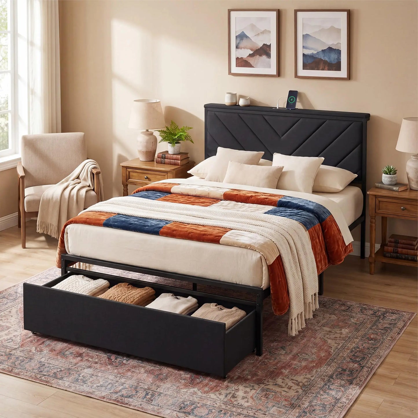 Twin Full Queen Upholstered Metal Platform Bed Frame With Storage Drawers, Headboard Charging Station, V-Pattern, No Box Spring