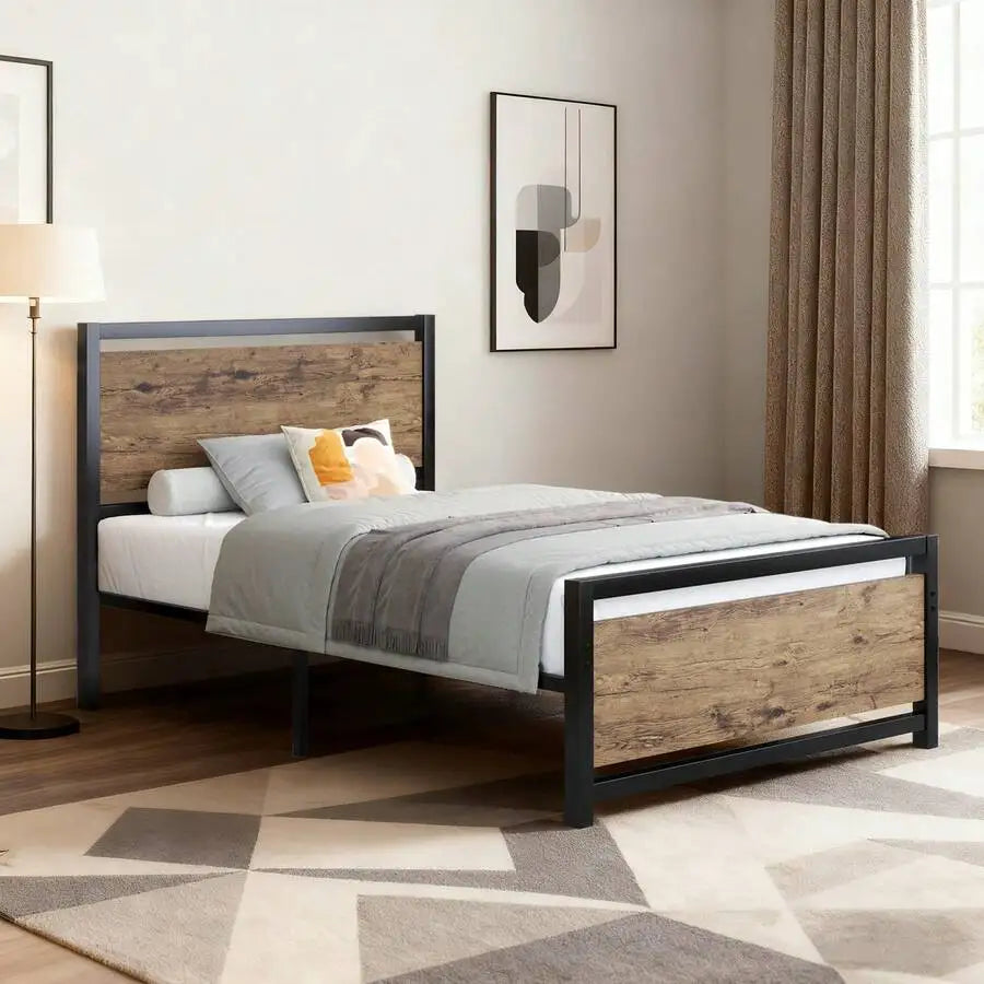 Bed Frame With Headboard, Farmhouse Bed Frame With Wooden Headboard, Heavy Duty Metal Bed Frame, No Box Spring Needed, Noise-Free, Esay Assembly, Bedroom Furniture,Twin/ Full/ Queen, Black/ Gray/ White/ Brown