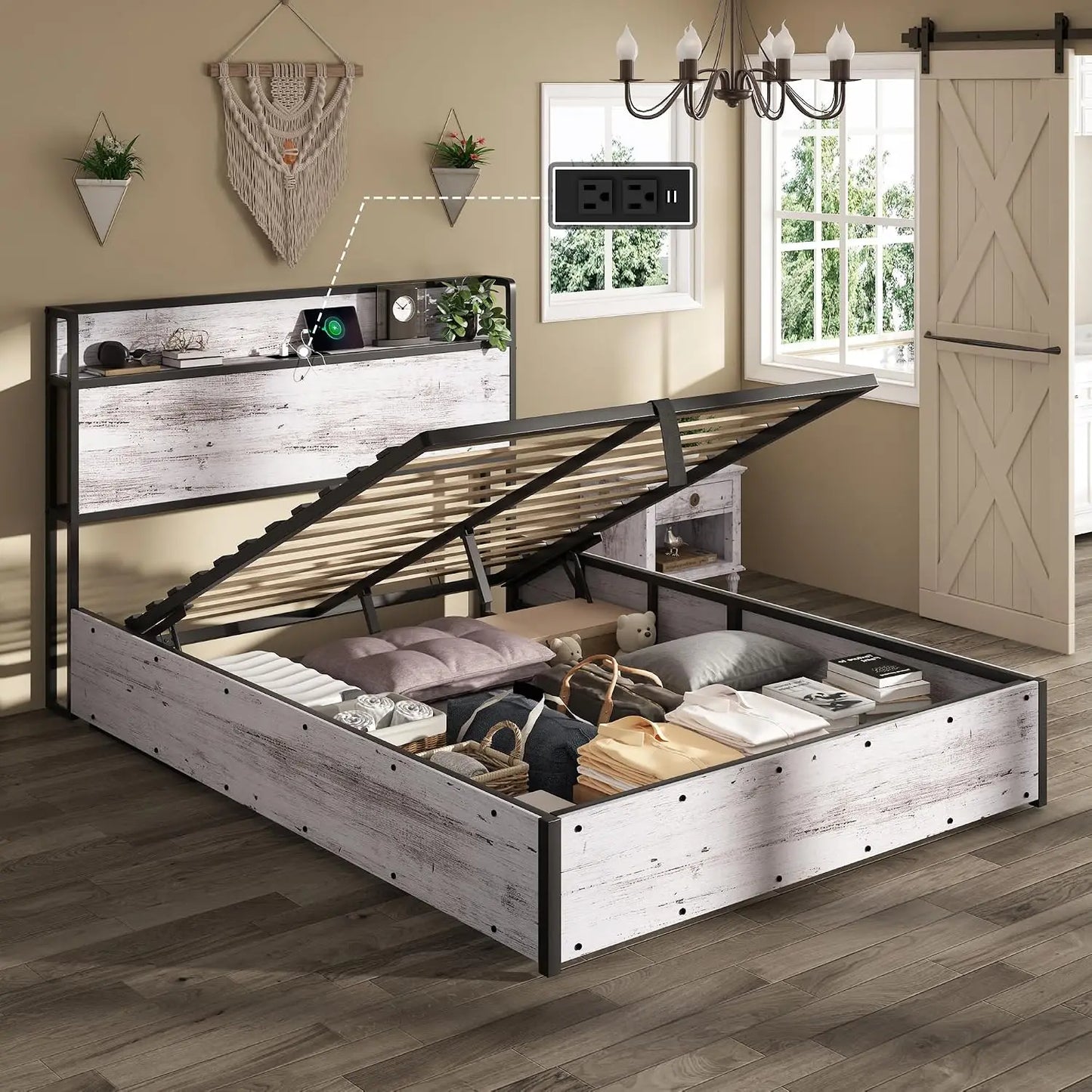 Full Size Lift Up Storage Bed Frame with Charging Station, Custom