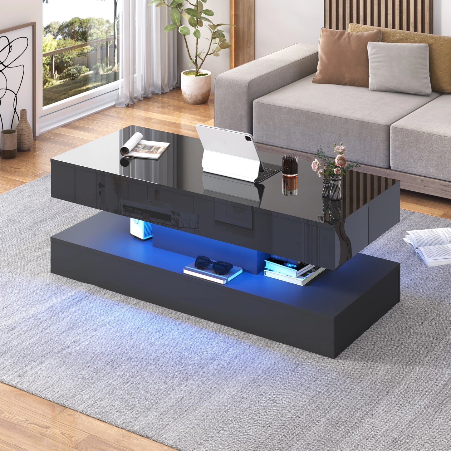 LED Coffee Table With Open Display Shelf And Storage