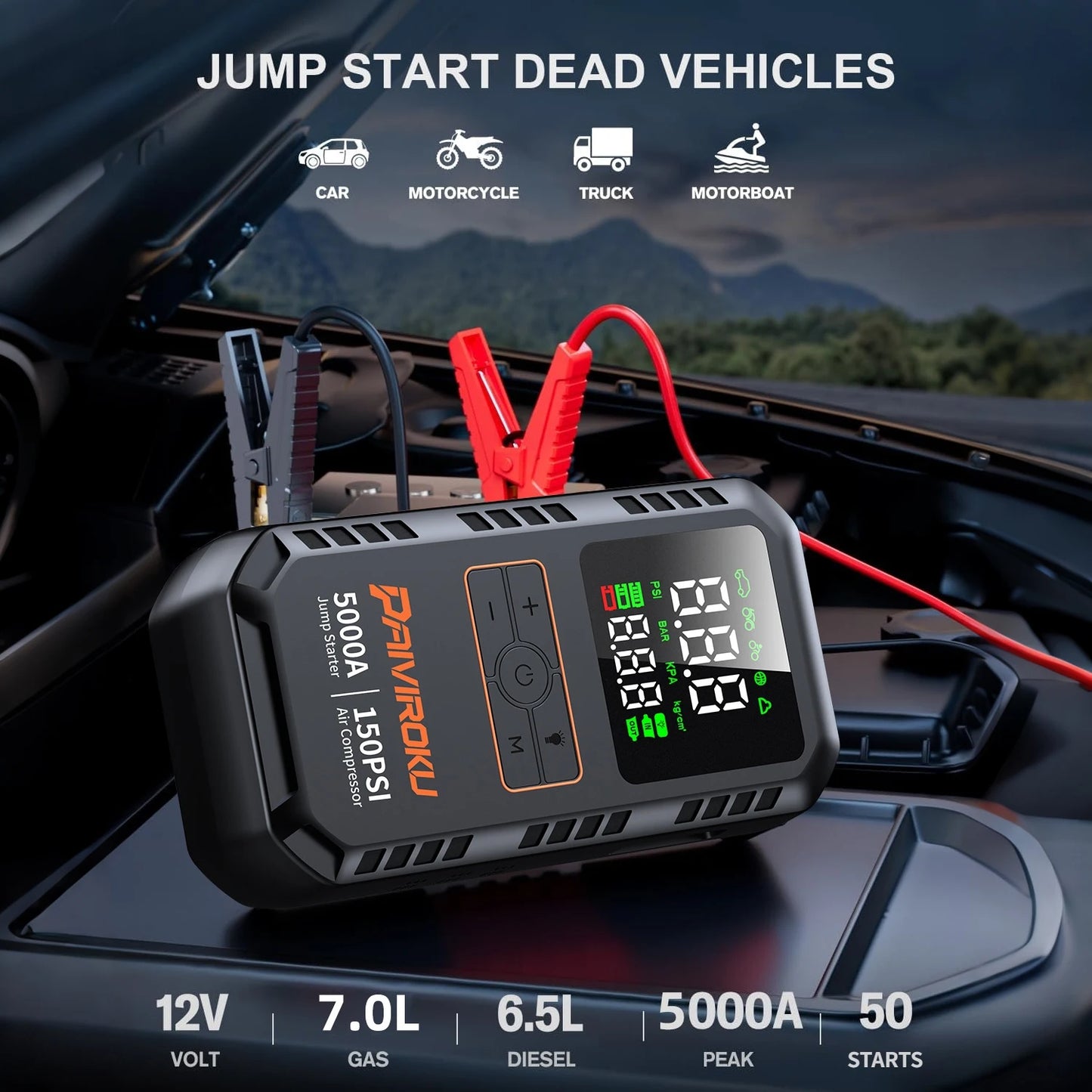 PAIVIROKU 5000A Car Jump Starter with Air Compressor 150PSI Air Pump  Auto Battery Booster Portable Power Bank Tire Inflator