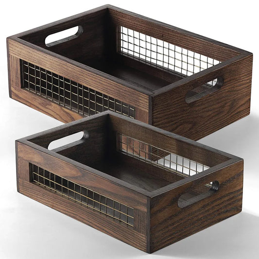 2 Pack Rustic Wooden Nesting Crates, Wall Mount Storage Baskets with Full Accessories, Multipurpose Organizer for Kitchen Pantry Bathroom Fruit Bread