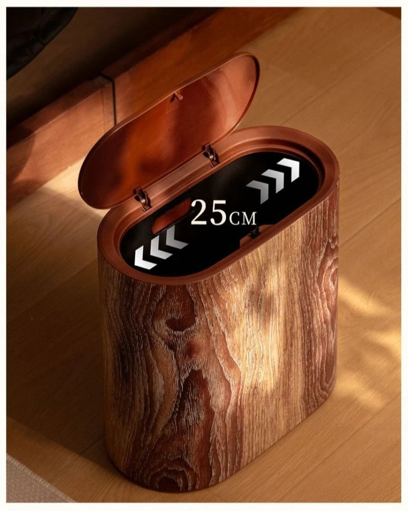 Wood Grain Trash Can with Lid Bathroom Litter Bins Large Capacity Wastebasket Living Room Toilet Retro Household Recycle Bin