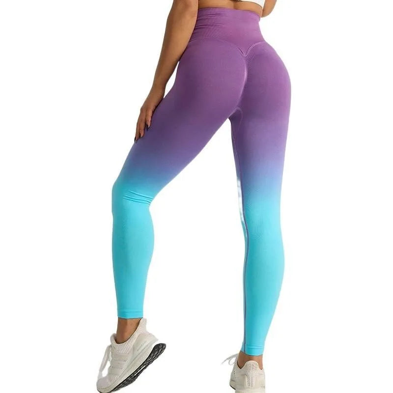 High Waist Color Gradient Yoga Pants Women Seamless Knit Gym Leggings Quick Dry Breathable Workout Tights Scrunch Butt Lift Peach Hip Long Fitness Pants for Cycling Training Activewear