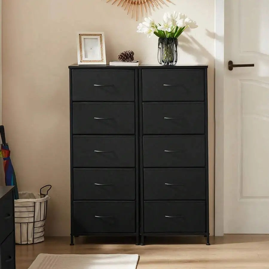 Sweetcrispy 5 Drawer Dresser With Fabric Bins, Sturdy Steel Frame And Wood Top, Storage Organizer Chest For Bedroom, Closet, Hallway, Black