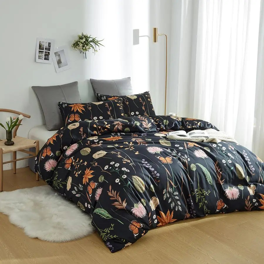 Duvet Cover King Size Black Comforter Cover with Colorful Botanical Yellow Butterfly Printed 3 Pieces Soft Microfiber Bedding Se