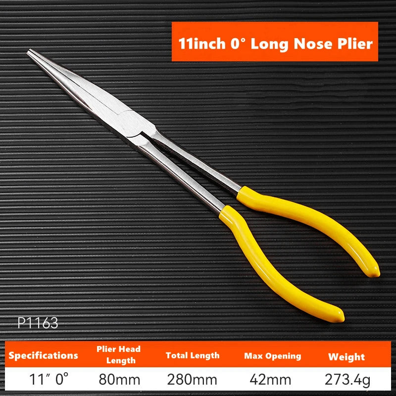 11" Long Nose Pliers Straight Bent Tip Nose Plug Cable Puller Long Needle Nose Pliers Wire Cutter Hose Spanner Clips Hand Tools