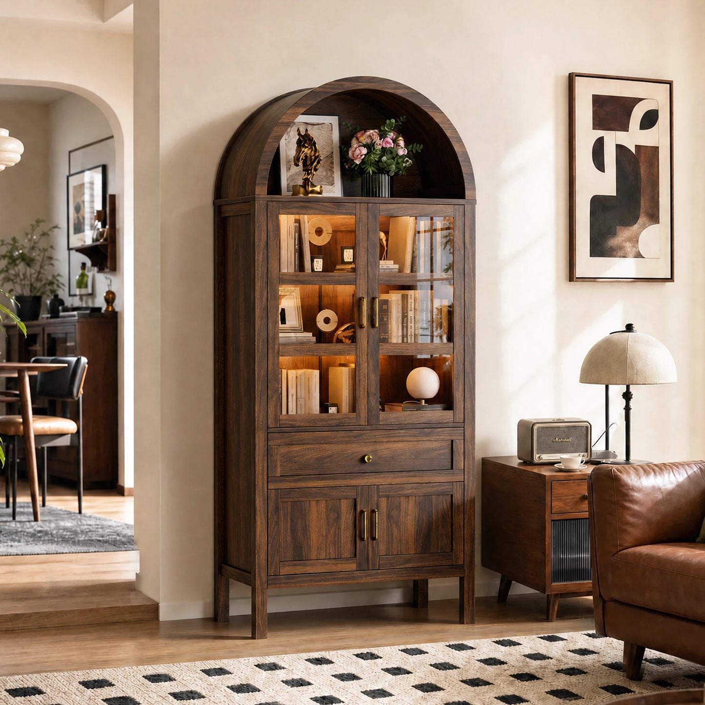71 Inch Tall Full Wood Arched Storage Cabinet Adjustable Shelves Bookcase with Dimmable LED Lights for Living Room Bedroom