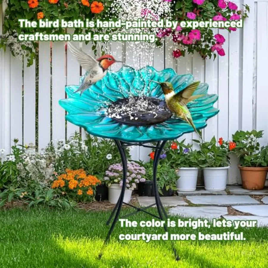 Bird Bath for Outside15" Diameter Large Glass Birdbaths for Outdoors Detachable Bird Baths Bowl with Metal Stand for Garden Pat