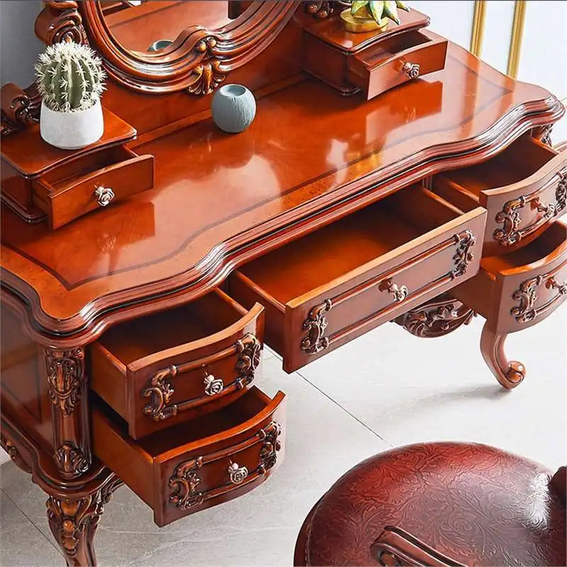 European dresser solid wood carving flower princess bedroom dressing table assembly dark retro American dressing table small apa