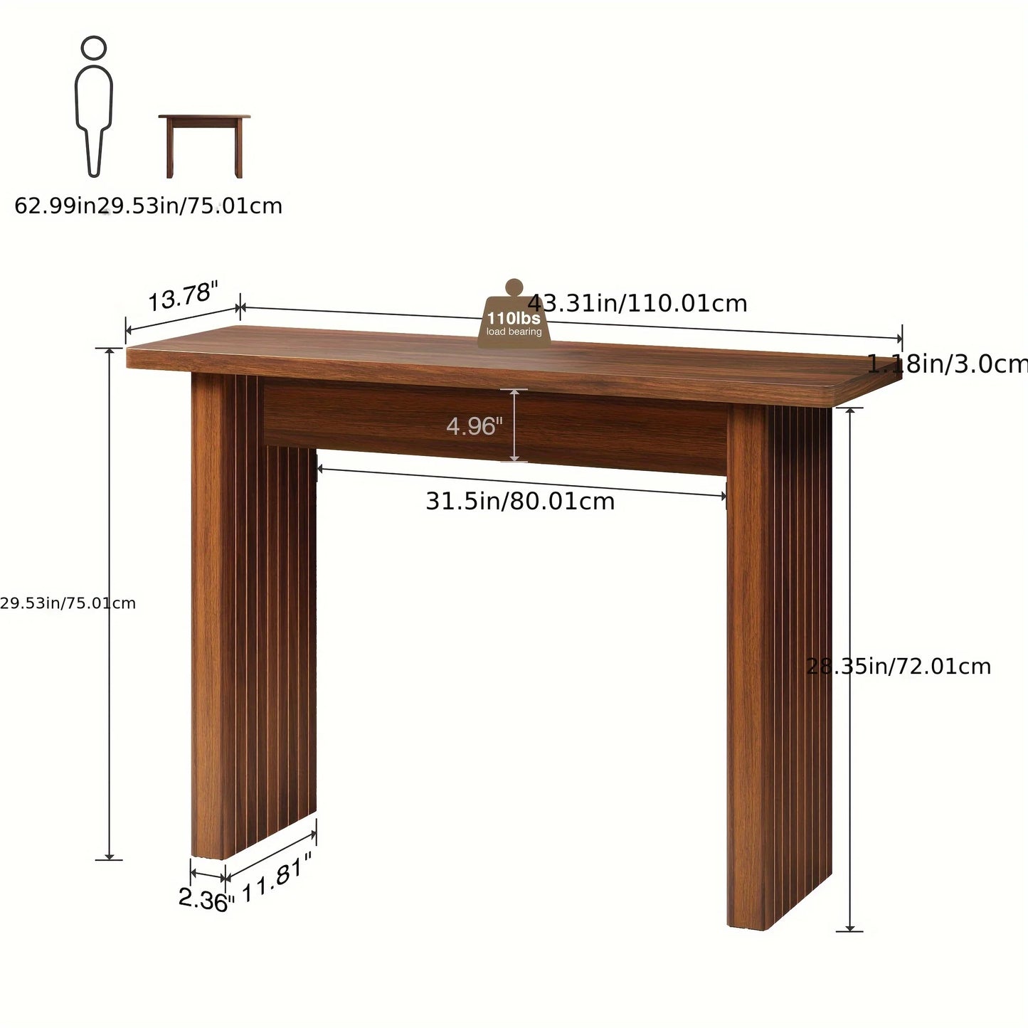 Mid Century Narrow Entryway Console Table, 43.3" Fluted Wood Couch Table Behind Sofa Long And Skinny for Living Room
