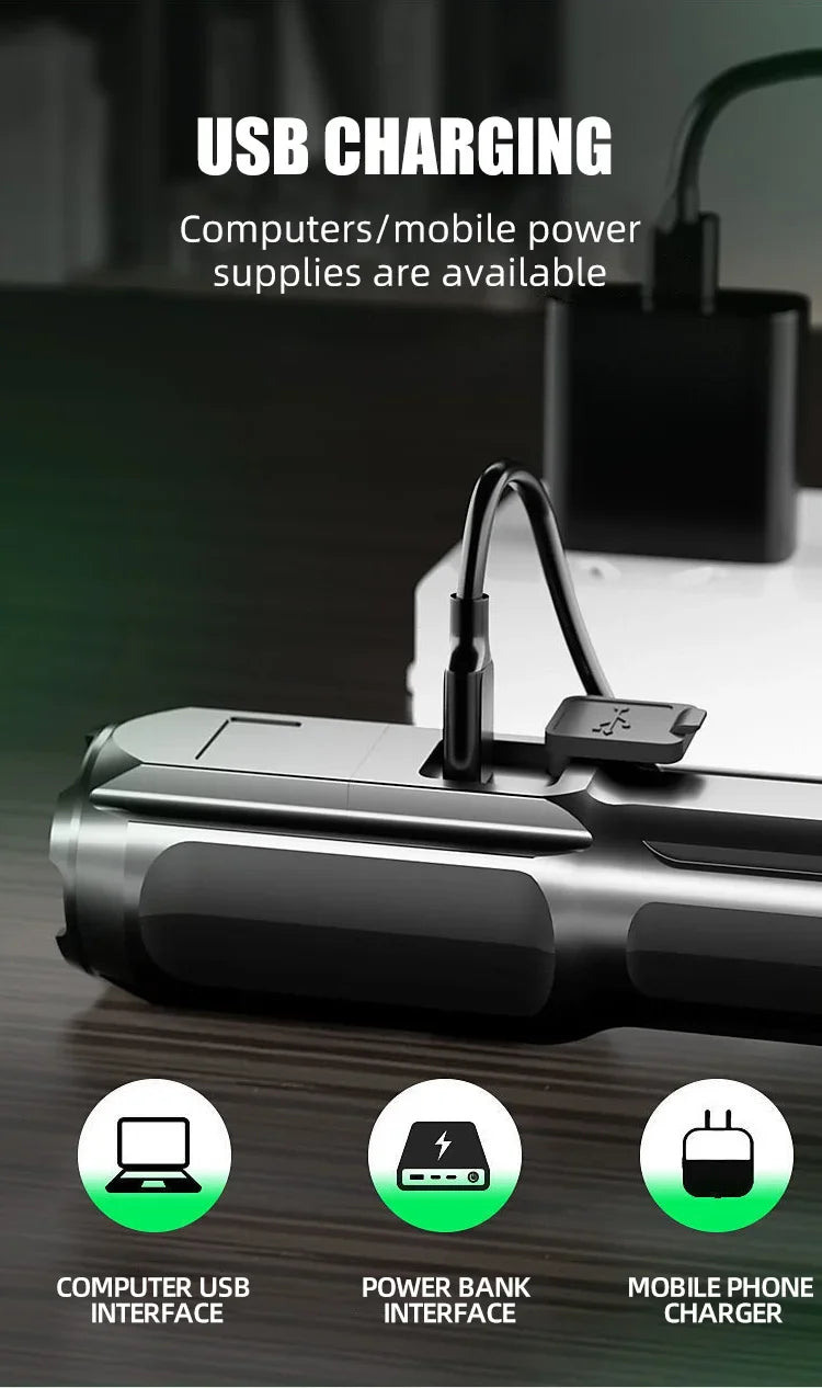 Compact USB Charging LED Flashlight Portable Telescopic Zoom Strong Light Focused Long-Range Household Emergency Lighting