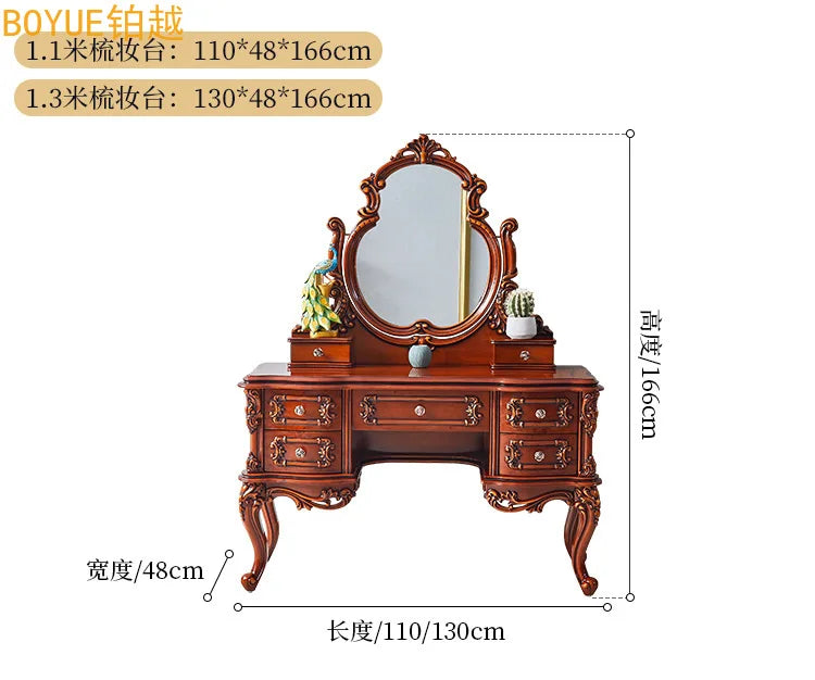 European dresser solid wood carving flower princess bedroom dressing table assembly dark retro American dressing table small apa