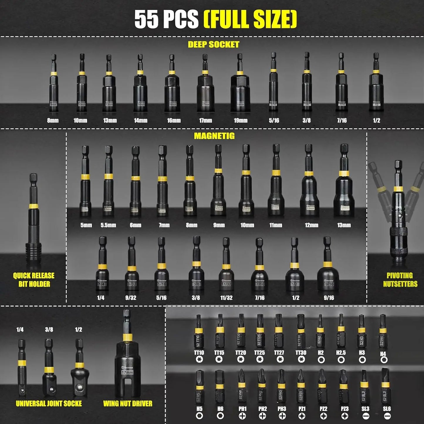 55PCS Magnetic Nut Driver Set with SAE & Metric Sockets, Impact Tools, Storage Box