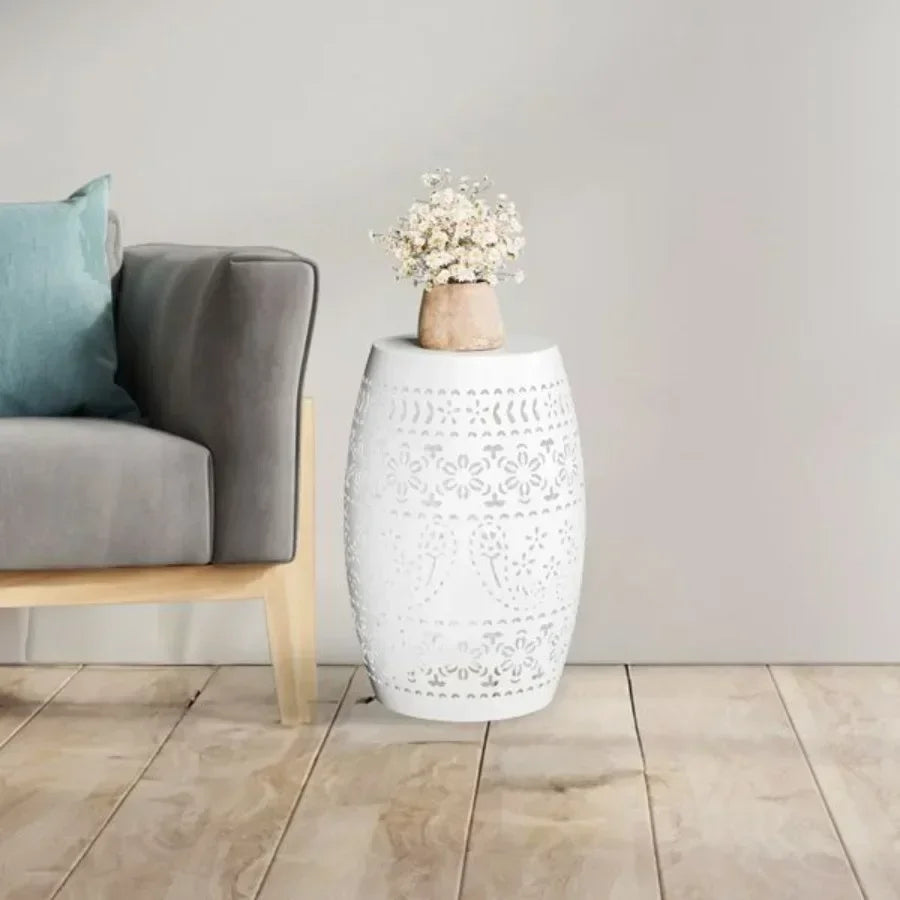 9.4 Steel Patio End Table Round Hollow Drum Side Table Accent Table for Indoor and Outdoor White