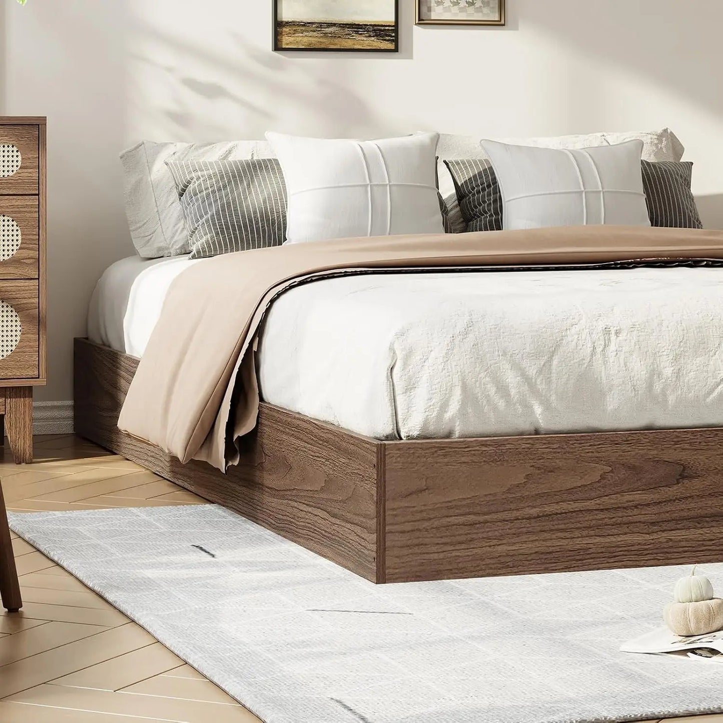 Garvee Living Room Bed Frame Easy Sturdy Assembly Bedroom Frames with Low Profile Design Eco-Friendly Bed Wood Slats Support Home Furniture Without Headboard