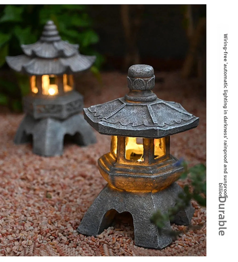 Solar Powered Lamp Garden Accessories Oriental Stone Pagoda Sculpture Zen Palace Lantern Outdoor Light Garden Ornament