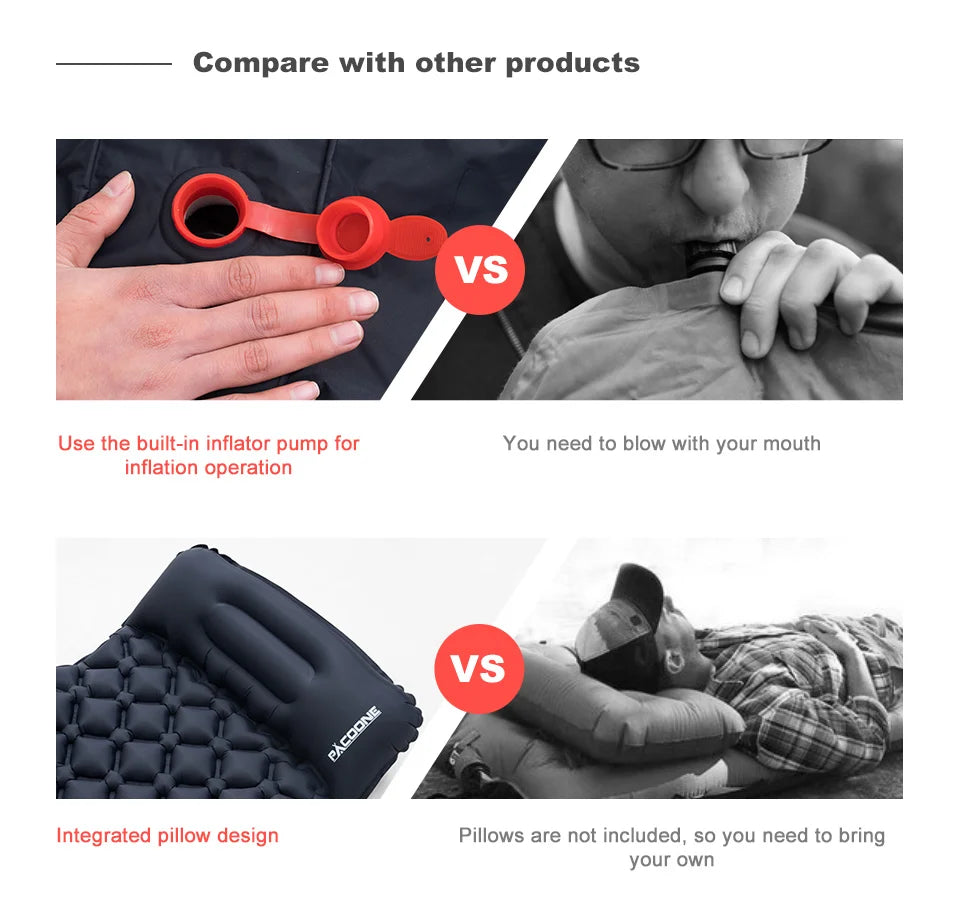 PACOONE Outdoor Sleeping Pad Camping Inflatable Mattress Built-in Pump Ultralight Air Cushion Travel Mat With Headrest For Trave