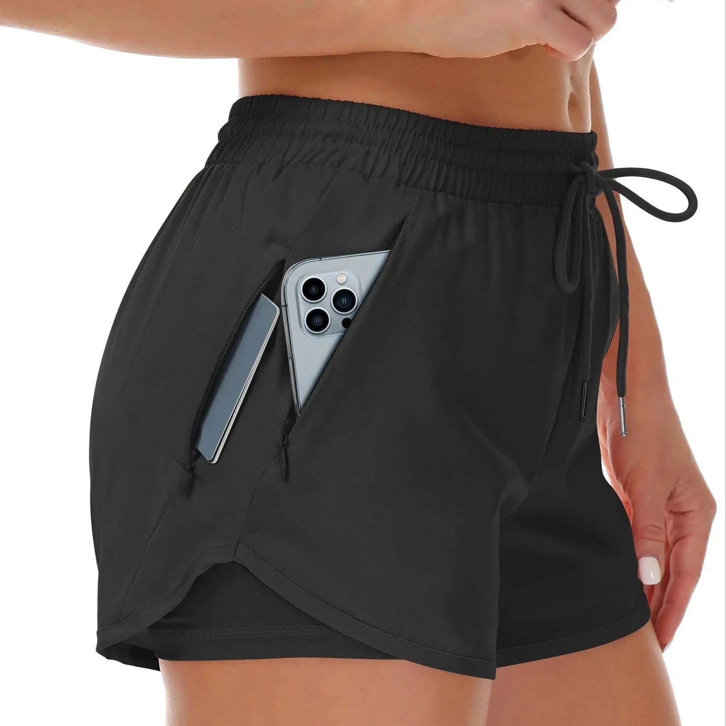 Women's athletic shorts, running, yoga, two-piece design, anti-exposure shorts, fitness, elastic, slimming leggings