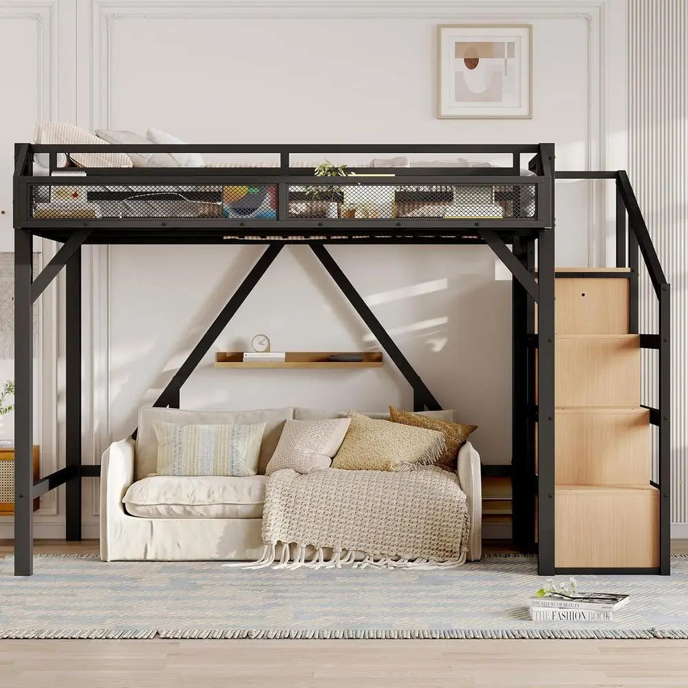 Storage Staircase Bed with Shelves, Built-in Wardrobe, USB Ports, LED Lights, and Noise-Reduced Design in Natural Wood