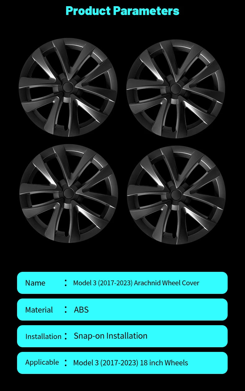 4PCS 18 Inch HubCap for Tesla Model 3 2017-2023 Arachnid Style Automobile Hubcap Replacement Wheels Cover Full Rim Accessorie
