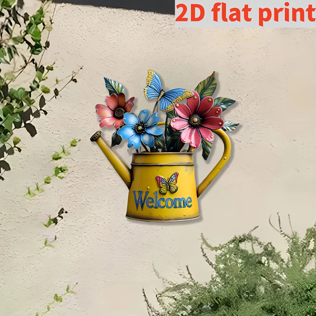2D Flat, 1pc Rustic Iron Watering Can with Flowers & Butterflies Wall Art - Print Metal Outdoor Decor for Porch, Patio, Garden