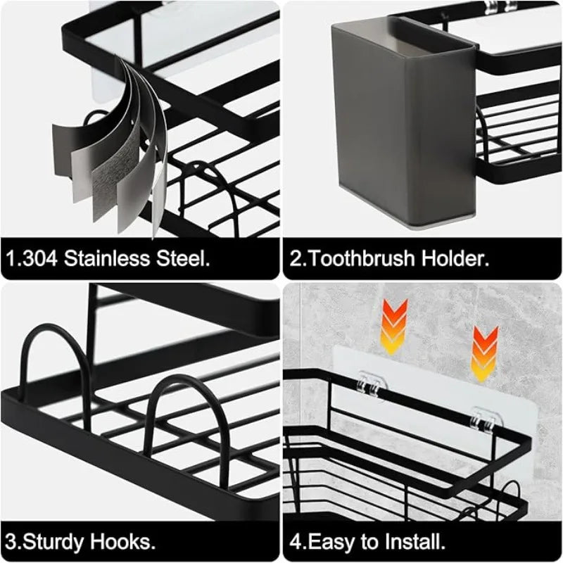 Adhesive Corner Shower Caddy With Hooks Stainless Steel