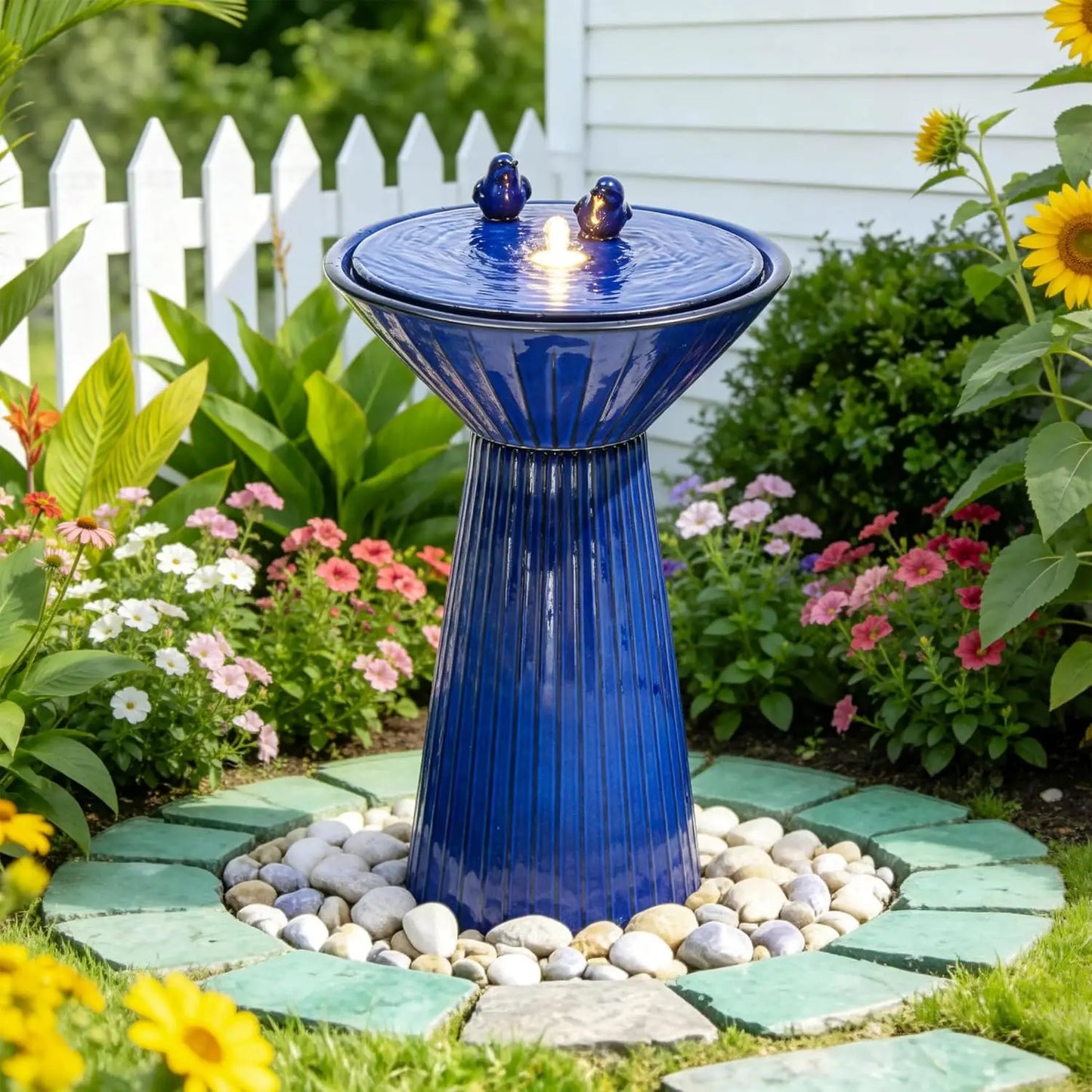 28" Tall Ceramic Outdoor Fountain and Waterfalls, Patio Fountain with LEDs, Birdbath for Outside, Soothing Water Feature for Rel