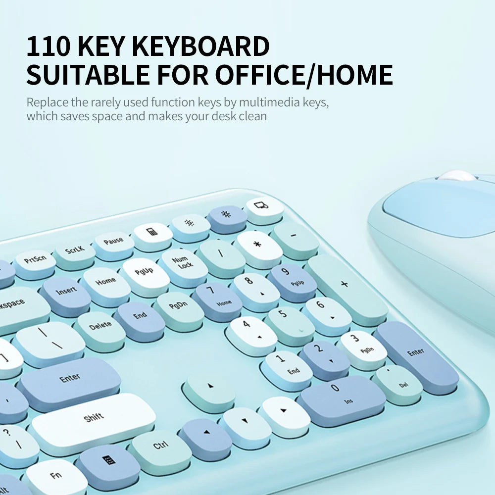 Keyboard Mouse Combo Wireless 2.4G Mixed Color 110 Key Keyboard Mouse Set with Round Punk Keycaps for Girl Purple