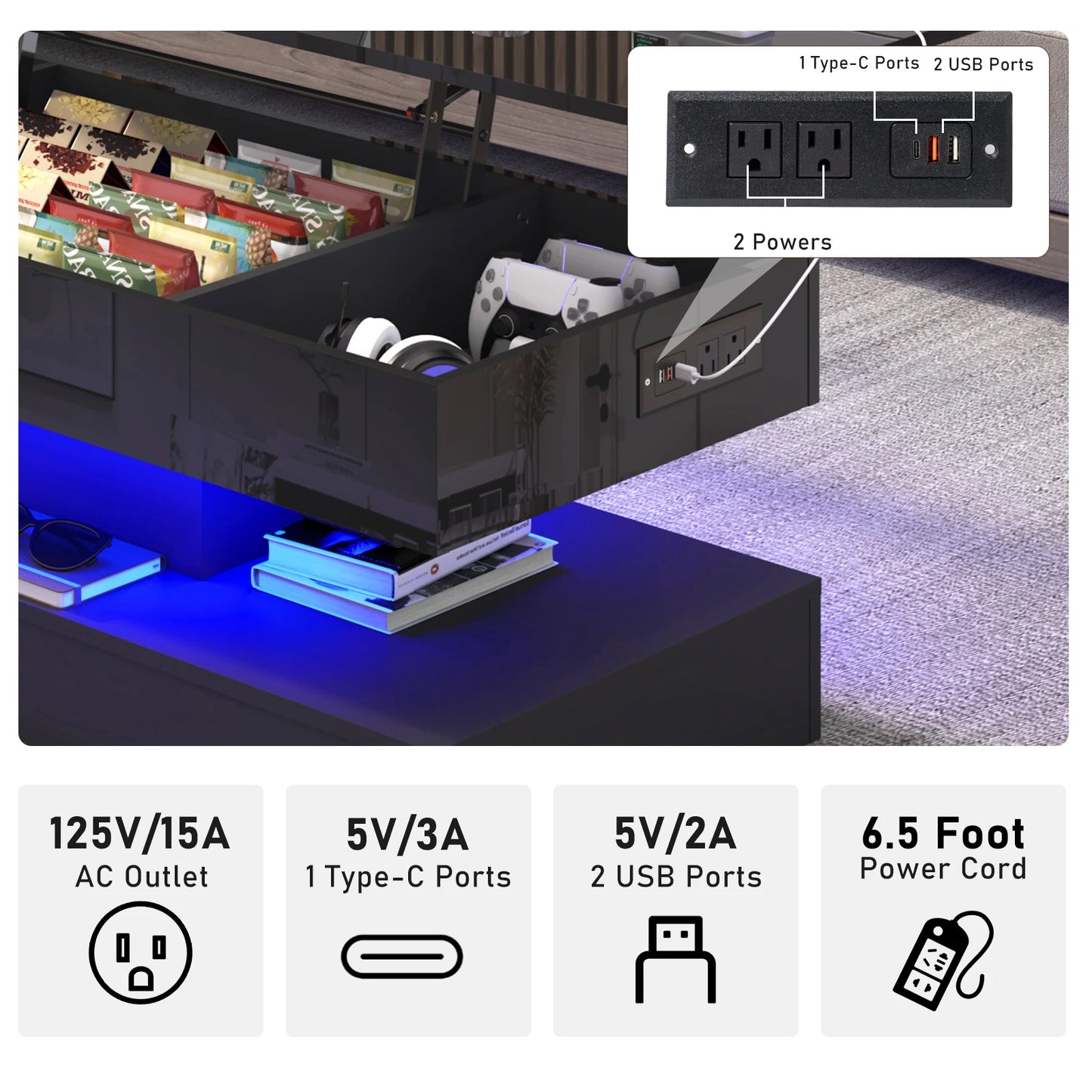 LED Coffee Table With Open Display Shelf And Storage