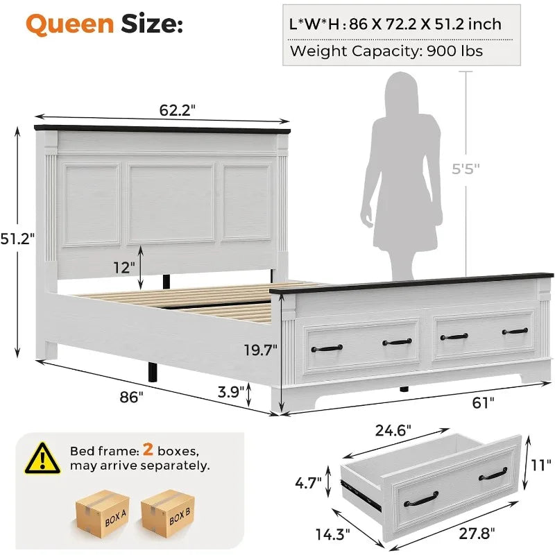 Farmhouse Queen Bed Frame 51" Headboard 2 Storage Drawers Roman Footboard | koorlian Platform Bed Large Wooden
